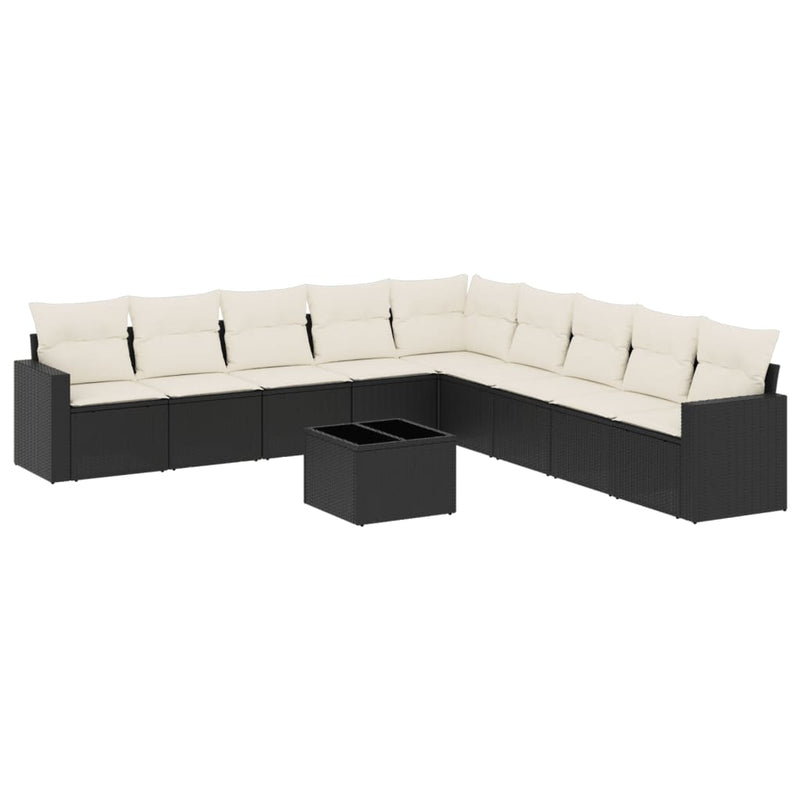 10-delige Loungeset met kussens poly rattan zwart