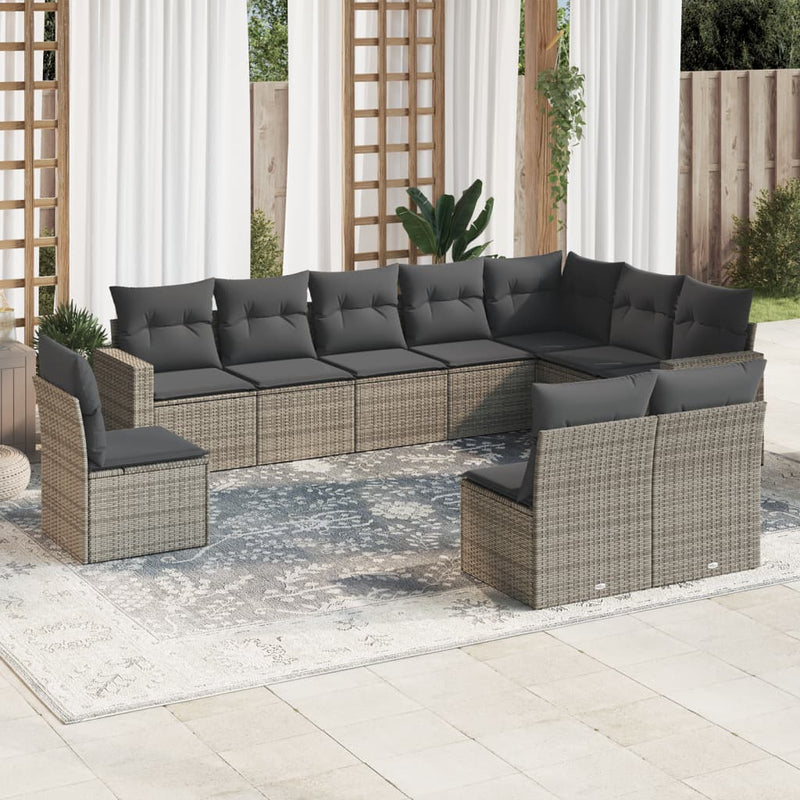 10-delige Loungeset met kussens poly rattan grijs