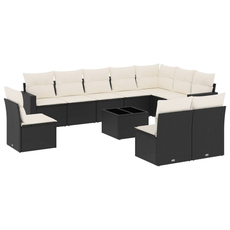 11-delige Loungeset met kussens poly rattan zwart