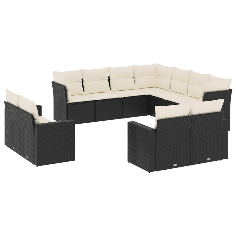 11-delige Loungeset met kussens poly rattan zwart