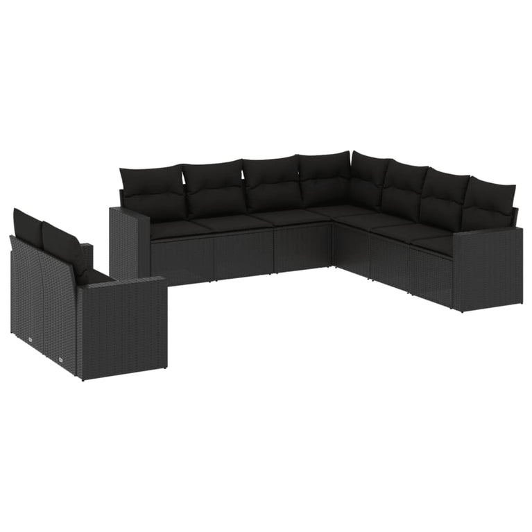 9-delige Loungeset met kussens poly rattan zwart
