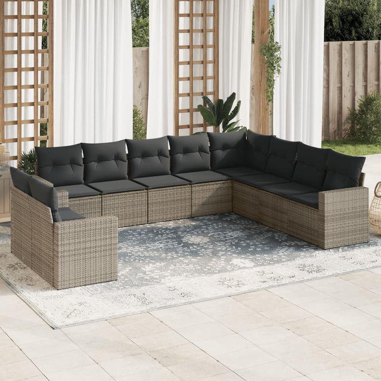 10-delige Loungeset met kussens poly rattan grijs