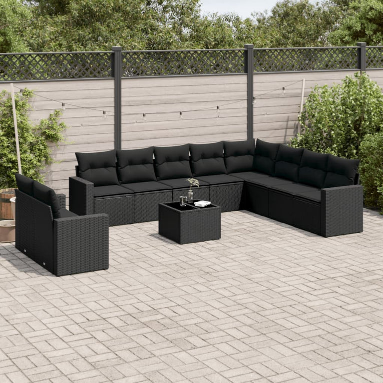 11-delige Loungeset met kussens poly rattan zwart