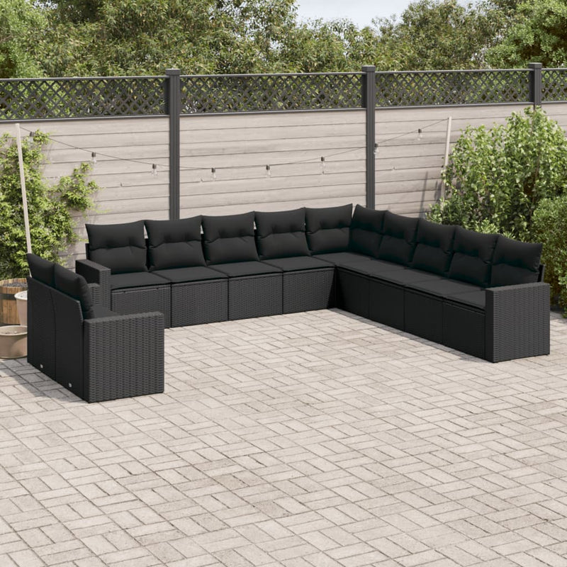 11-delige Loungeset met kussens poly rattan zwart