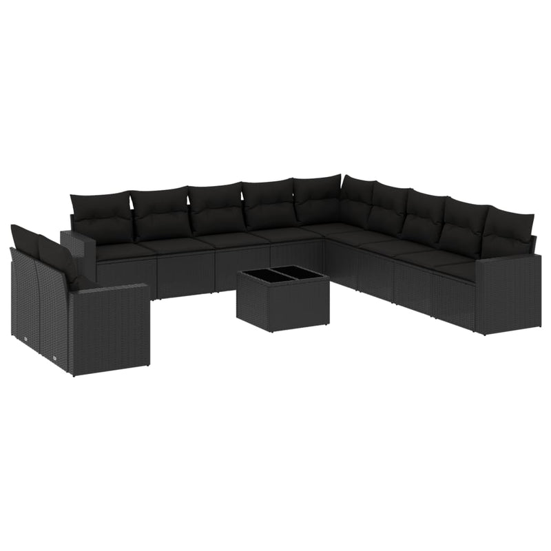 12-delige Loungeset met kussens poly rattan zwart