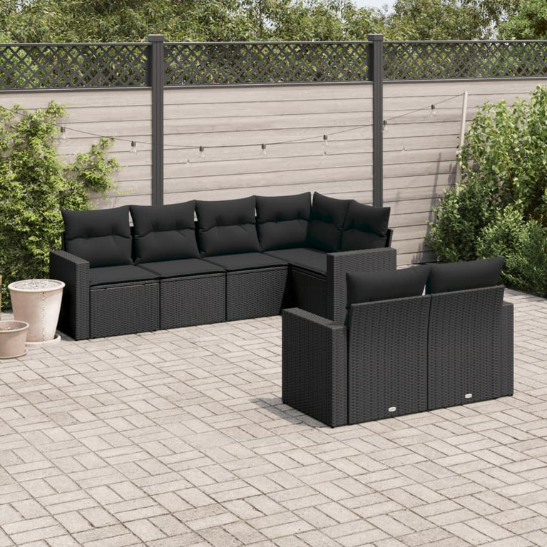 7-delige Loungeset met kussens poly rattan zwart