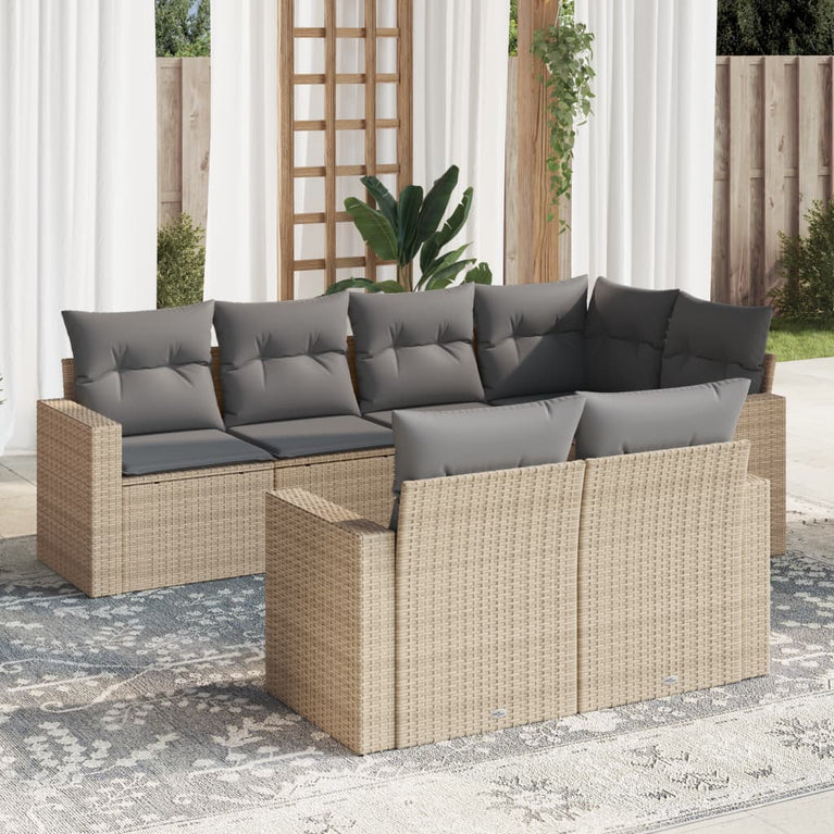 7-delige Loungeset met kussens poly rattan beige