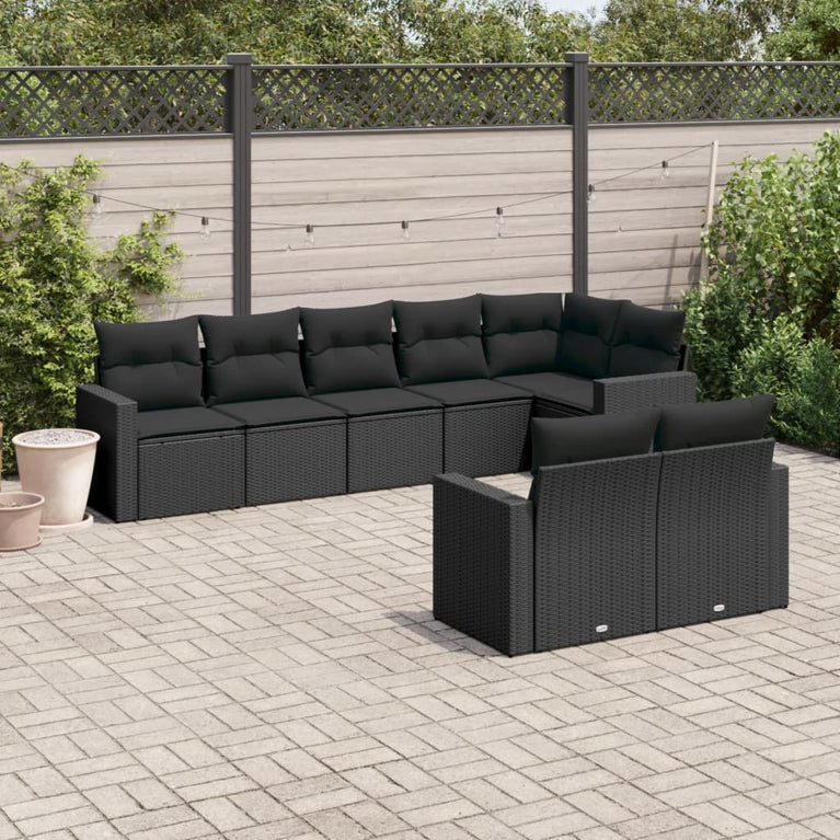 8-delige Loungeset met kussens poly rattan zwart