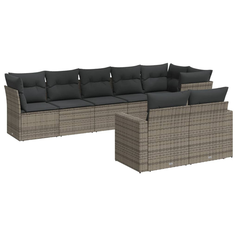 8-delige Loungeset met kussens poly rattan grijs