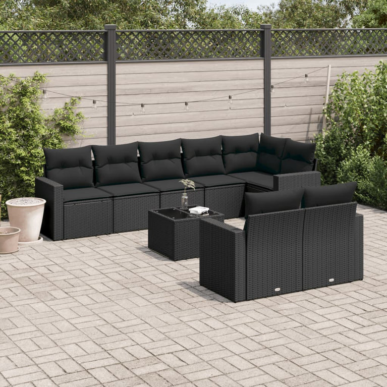 9-delige Loungeset met kussens poly rattan zwart