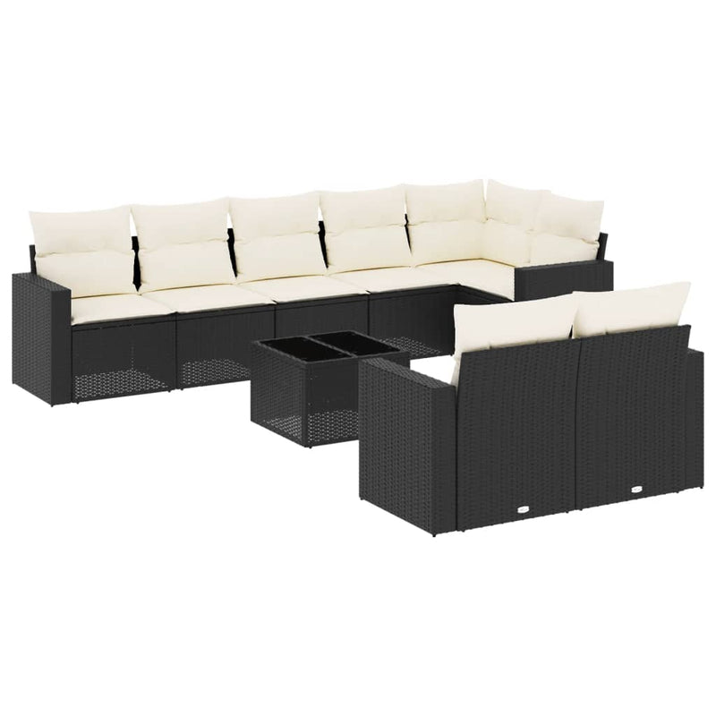 9-delige Loungeset met kussens poly rattan zwart