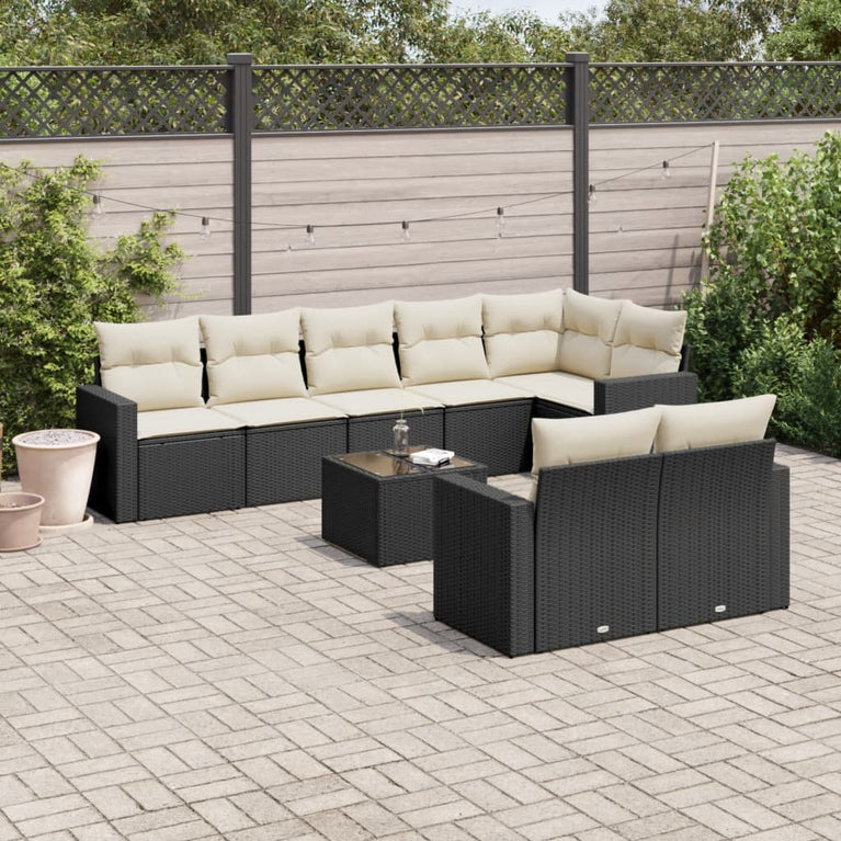 9-delige Loungeset met kussens poly rattan zwart
