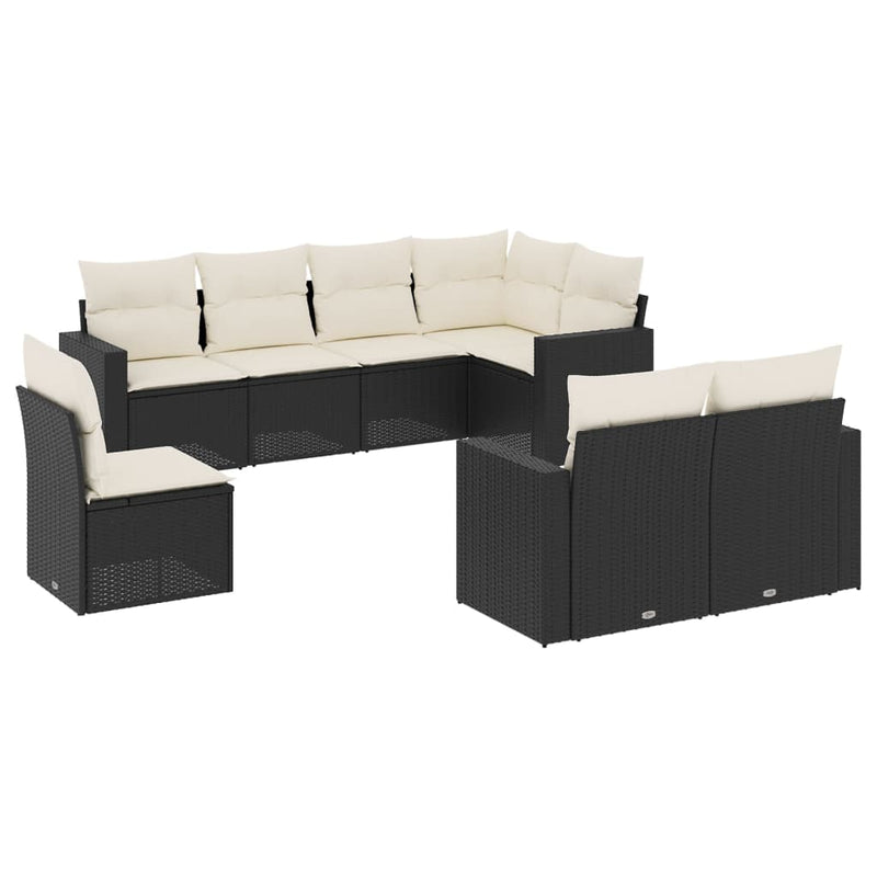 8-delige Loungeset met kussens poly rattan zwart