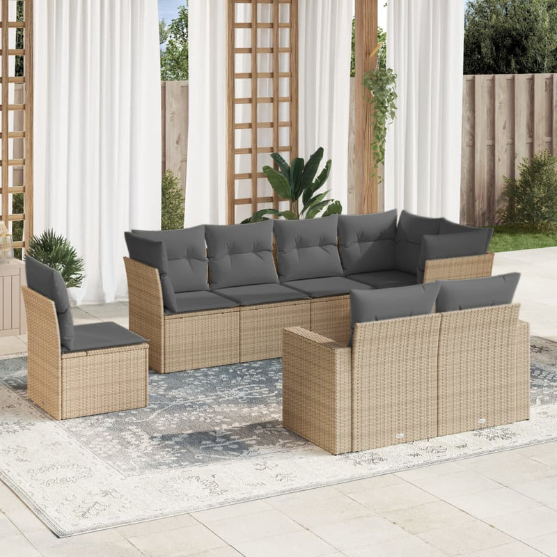 8-delige Loungeset met kussens poly rattan beige