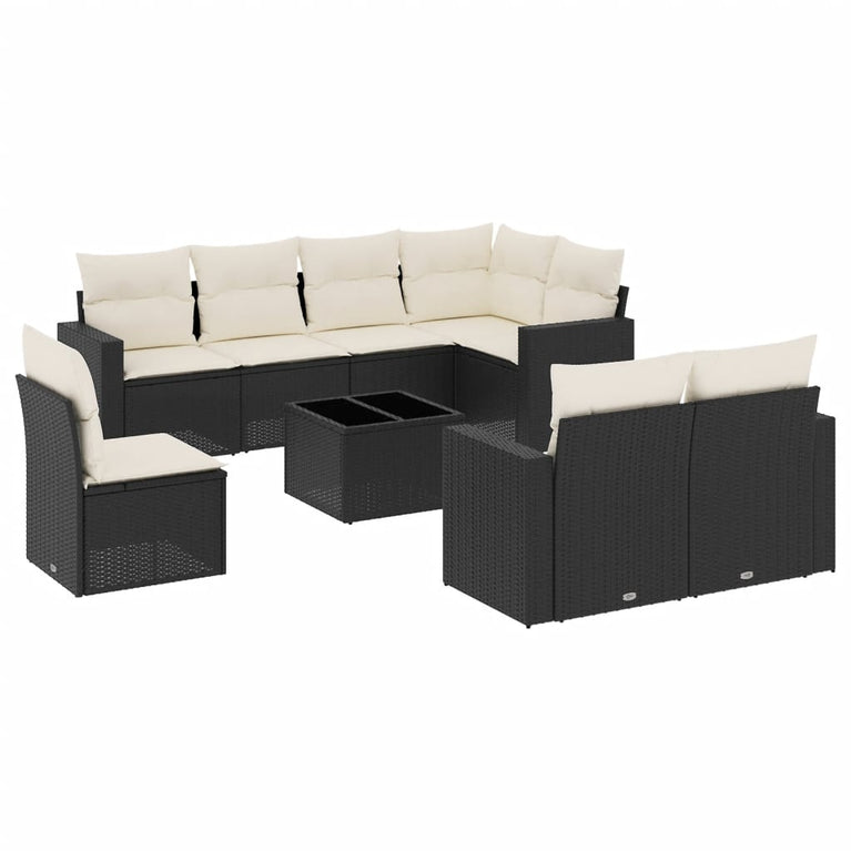 9-delige Loungeset met kussens poly rattan zwart