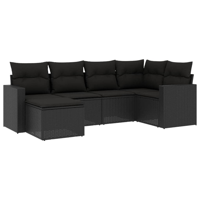 6-delige Loungeset met kussens poly rattan zwart