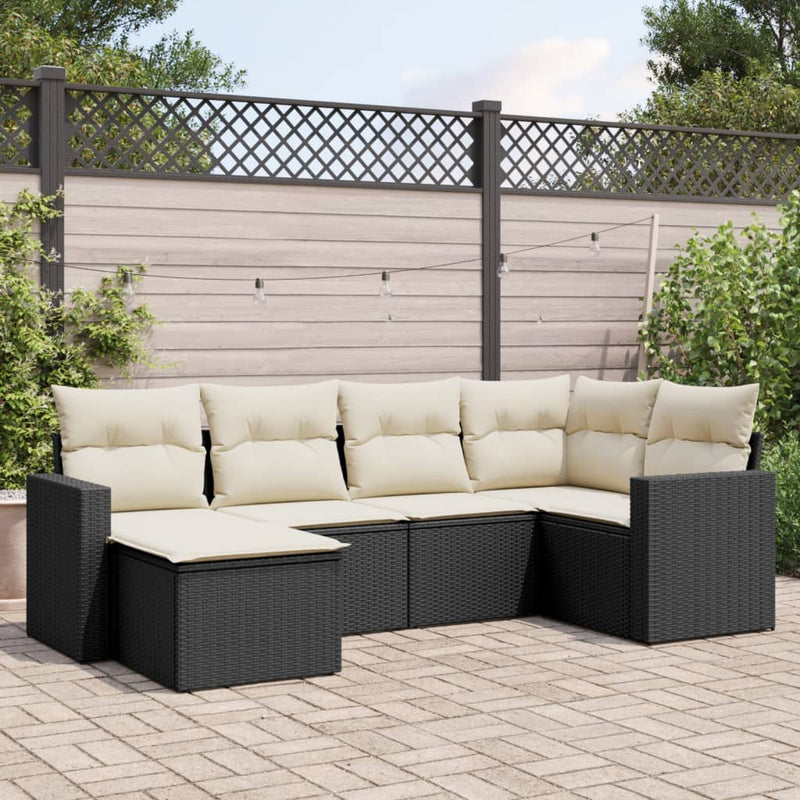 6-delige Loungeset met kussens poly rattan zwart