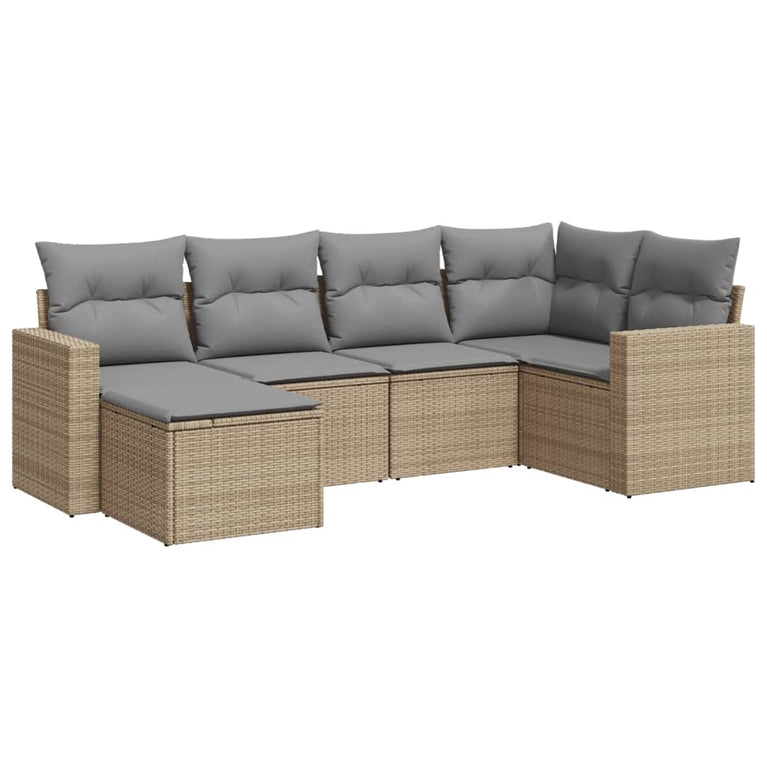 6-delige Loungeset met kussens poly rattan beige