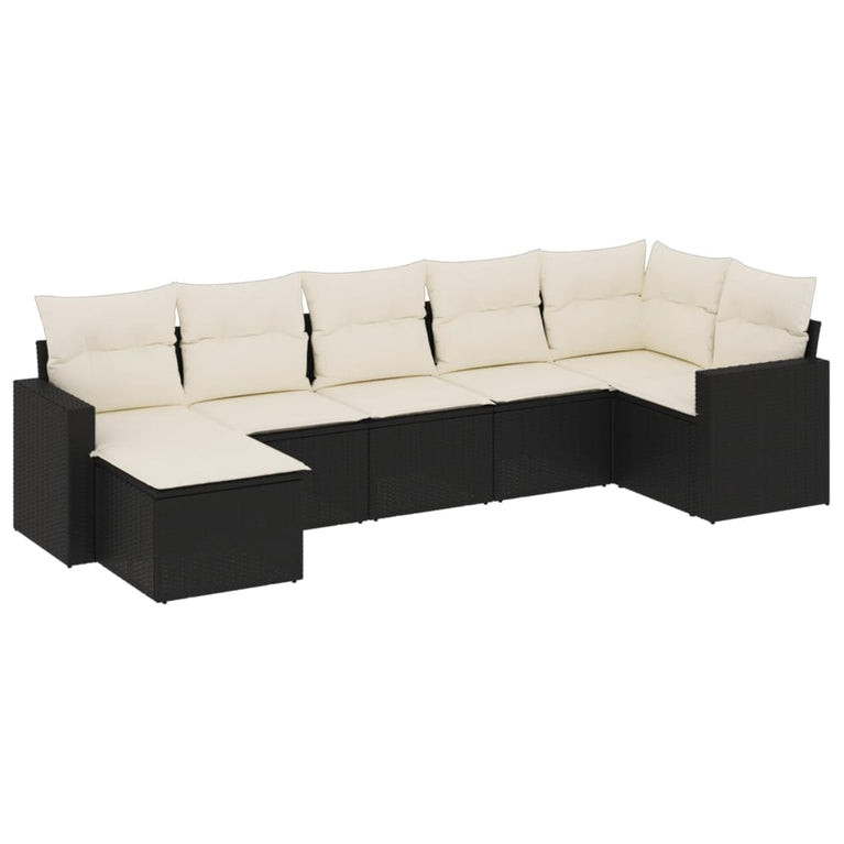 7-delige Loungeset met kussens poly rattan zwart