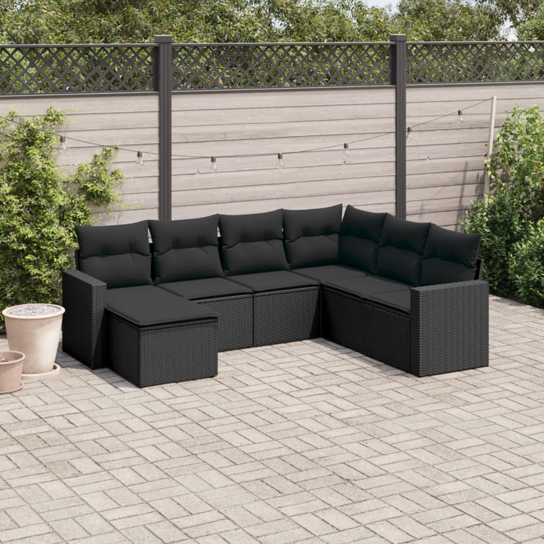 7-delige Loungeset met kussens poly rattan zwart
