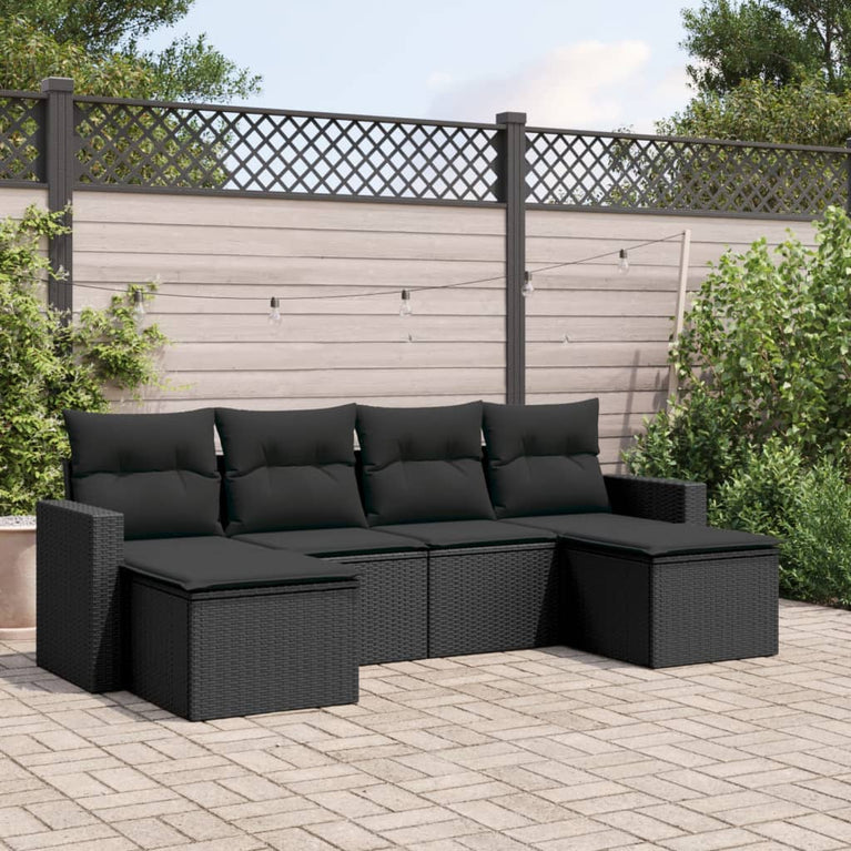 6-delige Loungeset met kussens poly rattan zwart