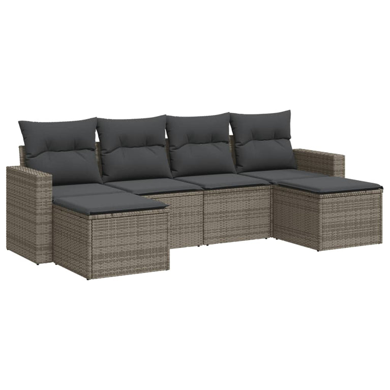 6-delige Loungeset met kussens poly rattan grijs