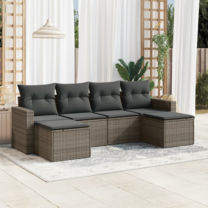 6-delige Loungeset met kussens poly rattan grijs