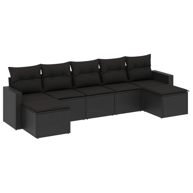 7-delige Loungeset met kussens poly rattan zwart