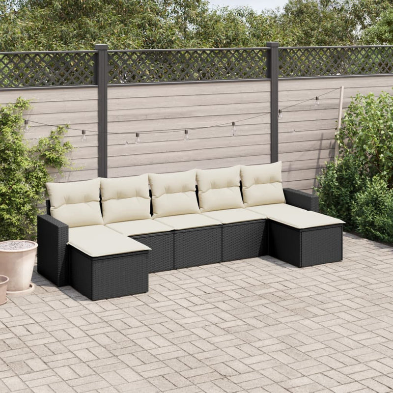 7-delige Loungeset met kussens poly rattan zwart