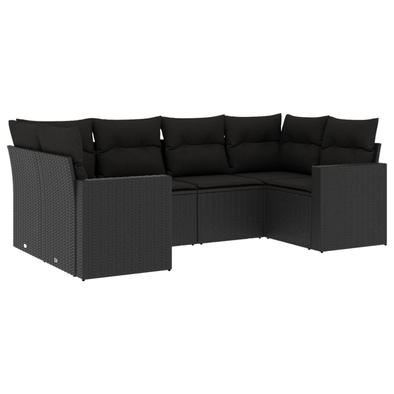 6-delige Loungeset met kussens poly rattan zwart