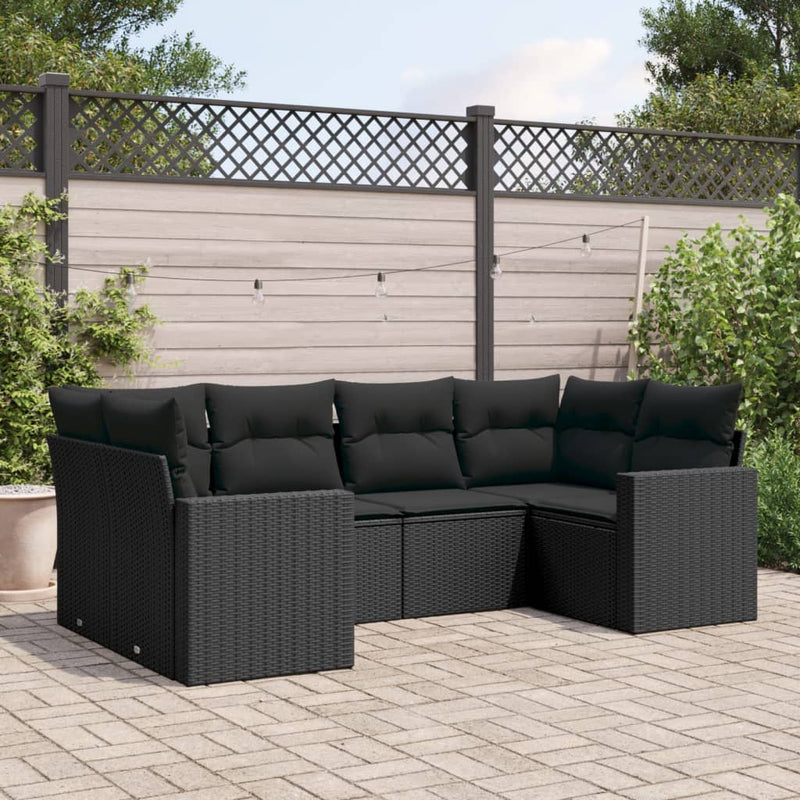 6-delige Loungeset met kussens poly rattan zwart