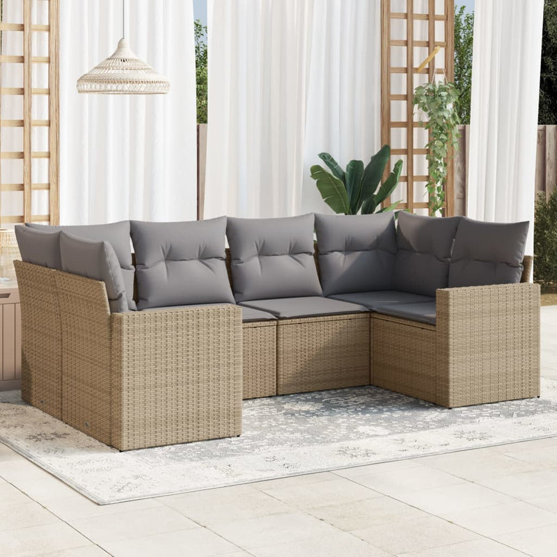 6-delige Loungeset met kussens poly rattan beige