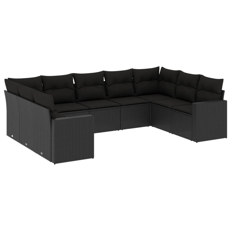 9-delige Loungeset met kussens poly rattan zwart
