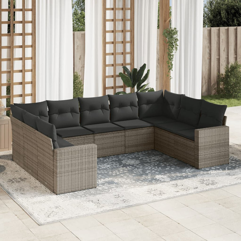9-delige Loungeset met kussens poly rattan grijs