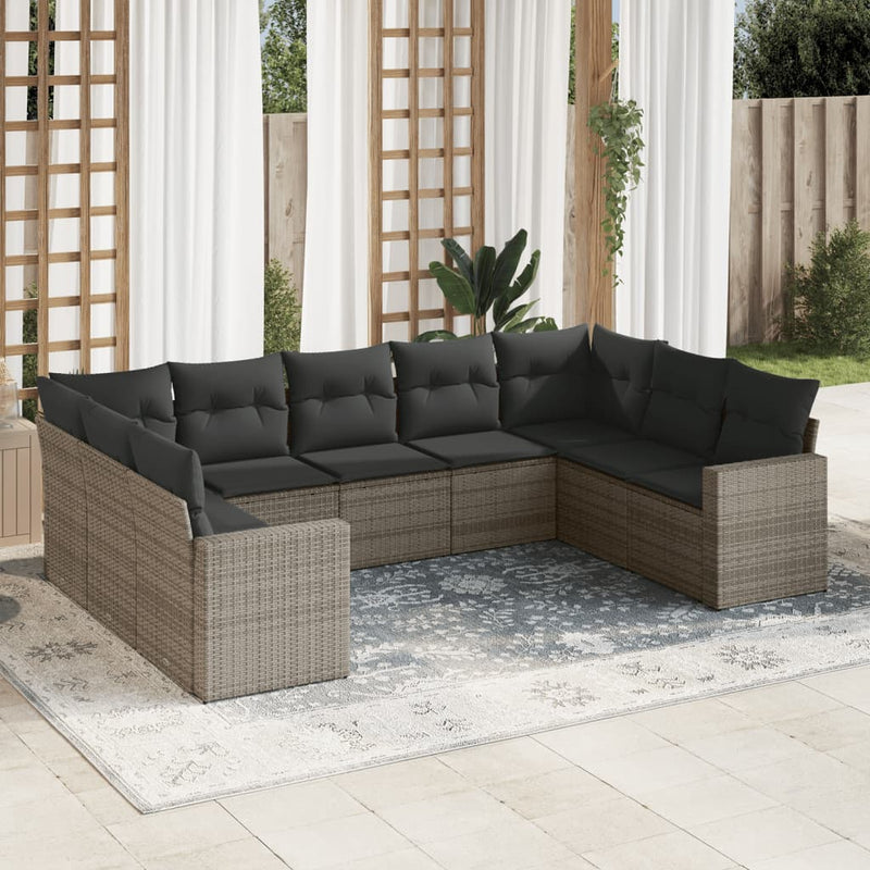 9-delige Loungeset met kussens poly rattan grijs