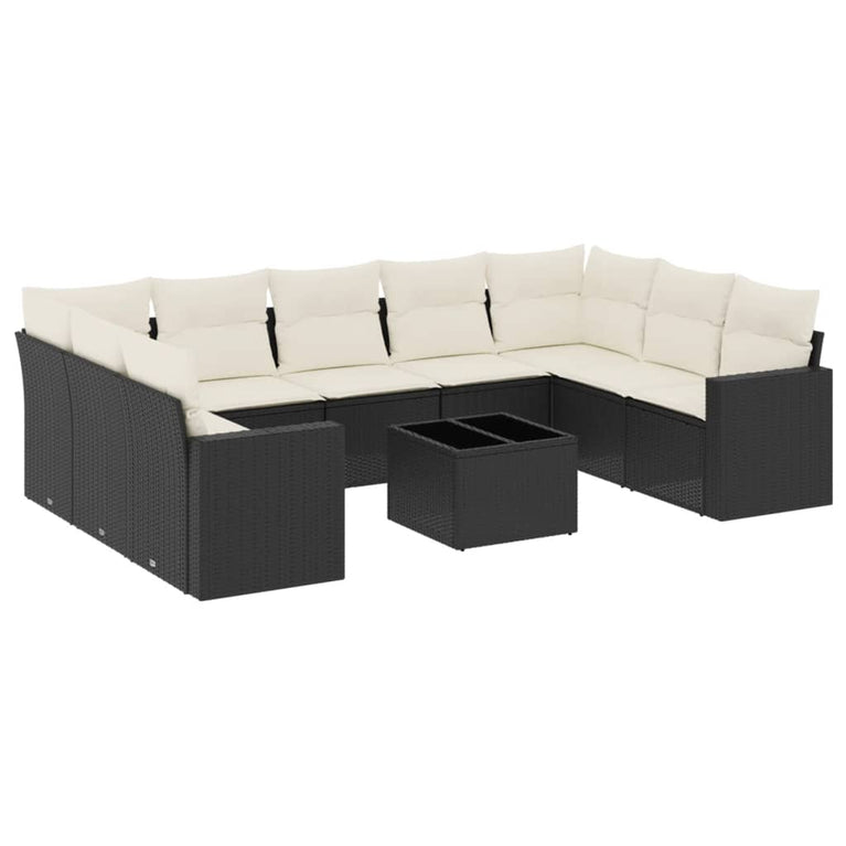 10-delige Loungeset met kussens poly rattan zwart