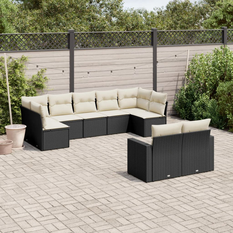 9-delige Loungeset met kussens poly rattan zwart