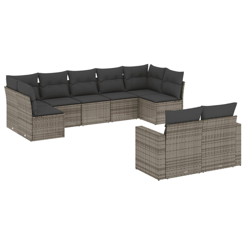 9-delige Loungeset met kussens poly rattan grijs