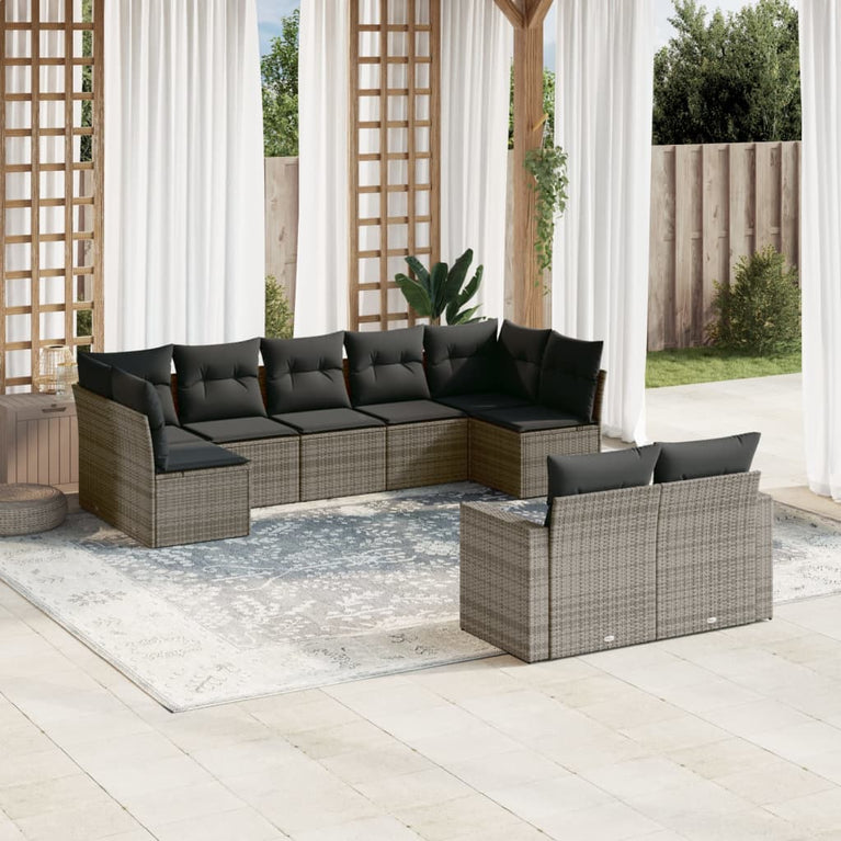 9-delige Loungeset met kussens poly rattan grijs