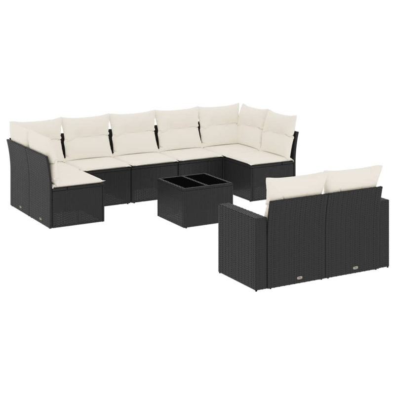 10-delige Loungeset met kussens poly rattan zwart