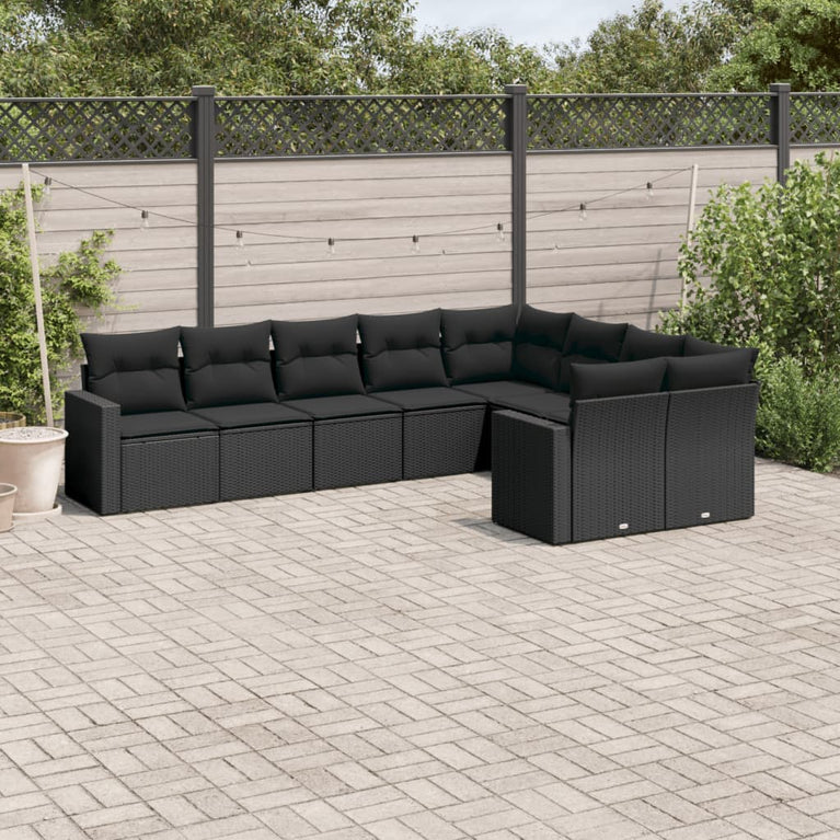9-delige Loungeset met kussens poly rattan zwart