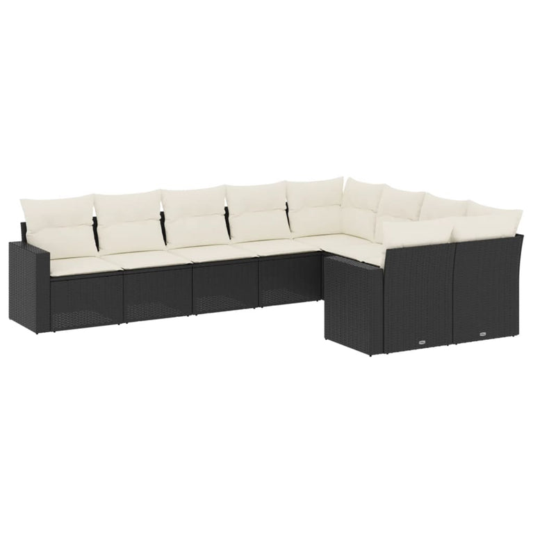 9-delige Loungeset met kussens poly rattan zwart