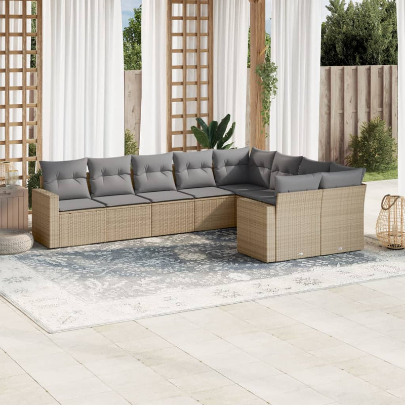 9-delige Loungeset met kussens poly rattan beige