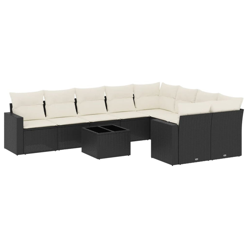 10-delige Loungeset met kussens poly rattan zwart