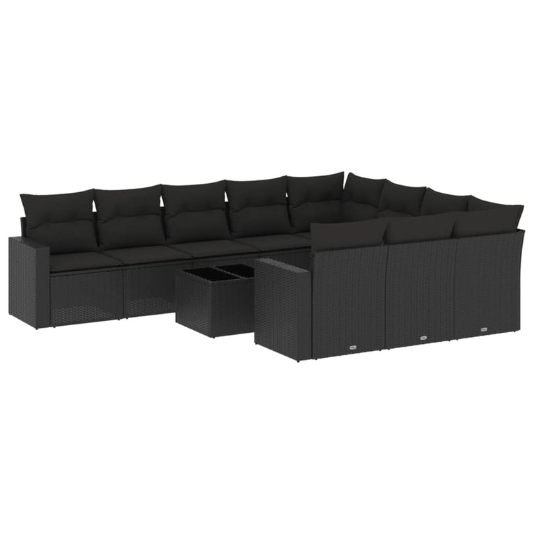 11-delige Loungeset met kussens poly rattan zwart