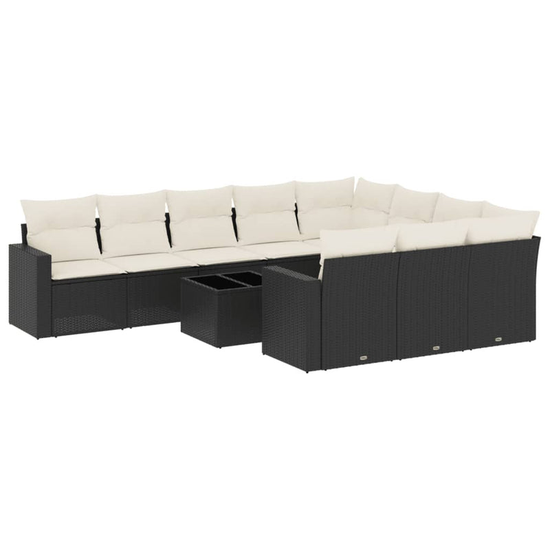 11-delige Loungeset met kussens poly rattan zwart