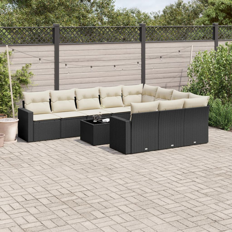 11-delige Loungeset met kussens poly rattan zwart