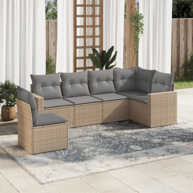 6-delige Loungeset met kussens poly rattan beige