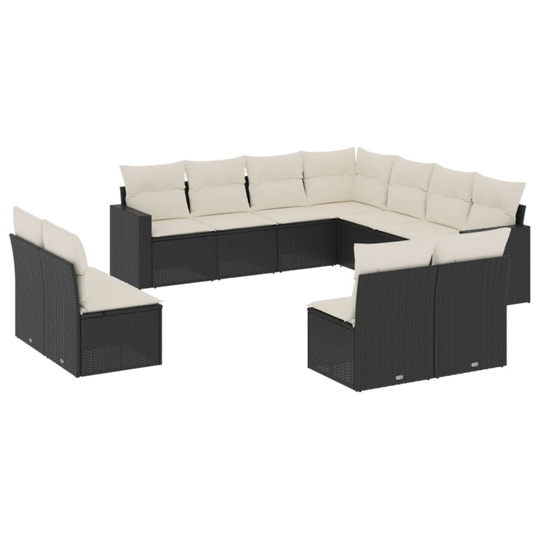 11-delige Loungeset met kussens poly rattan zwart