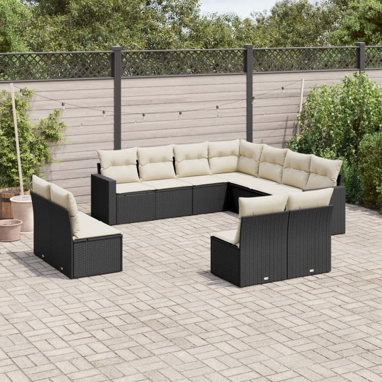 11-delige Loungeset met kussens poly rattan zwart